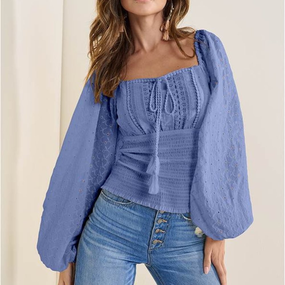 Venus light blue Top Smocked Eyelet Tassel, Plus Size, 3X